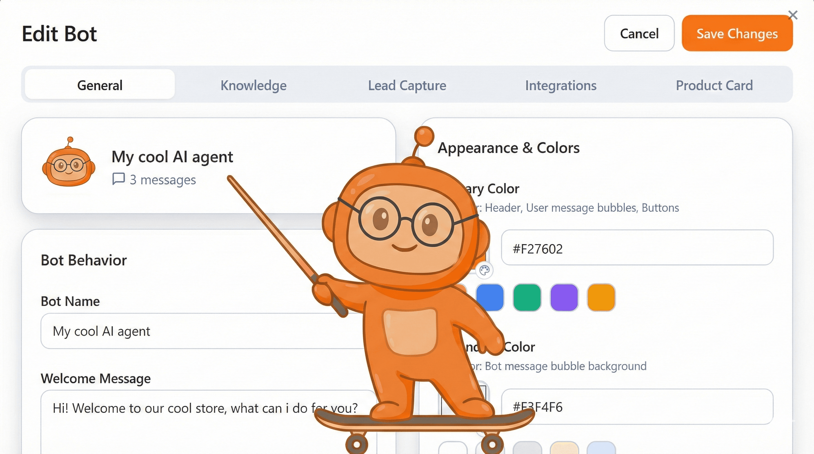 Agent Settings page with name and greeting options