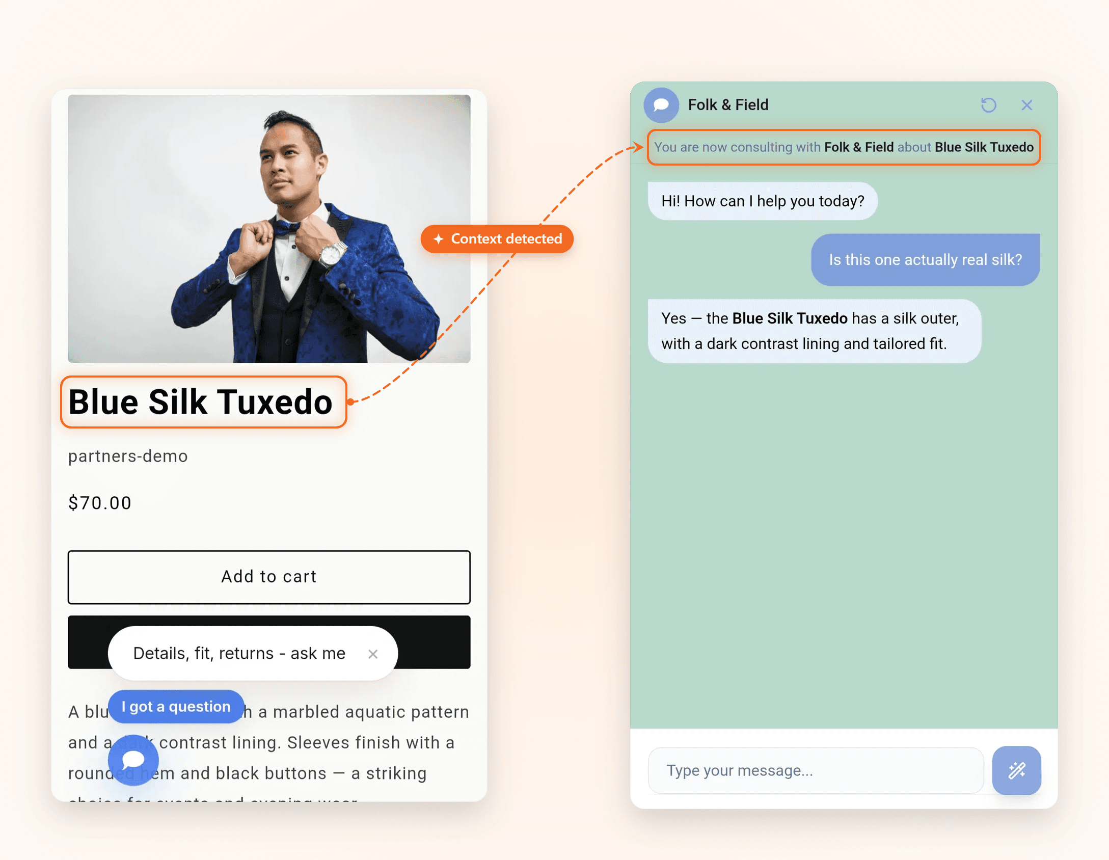 Context-aware AI conversation on a Shopify product page instantly answering questions without a discovery questionnaire