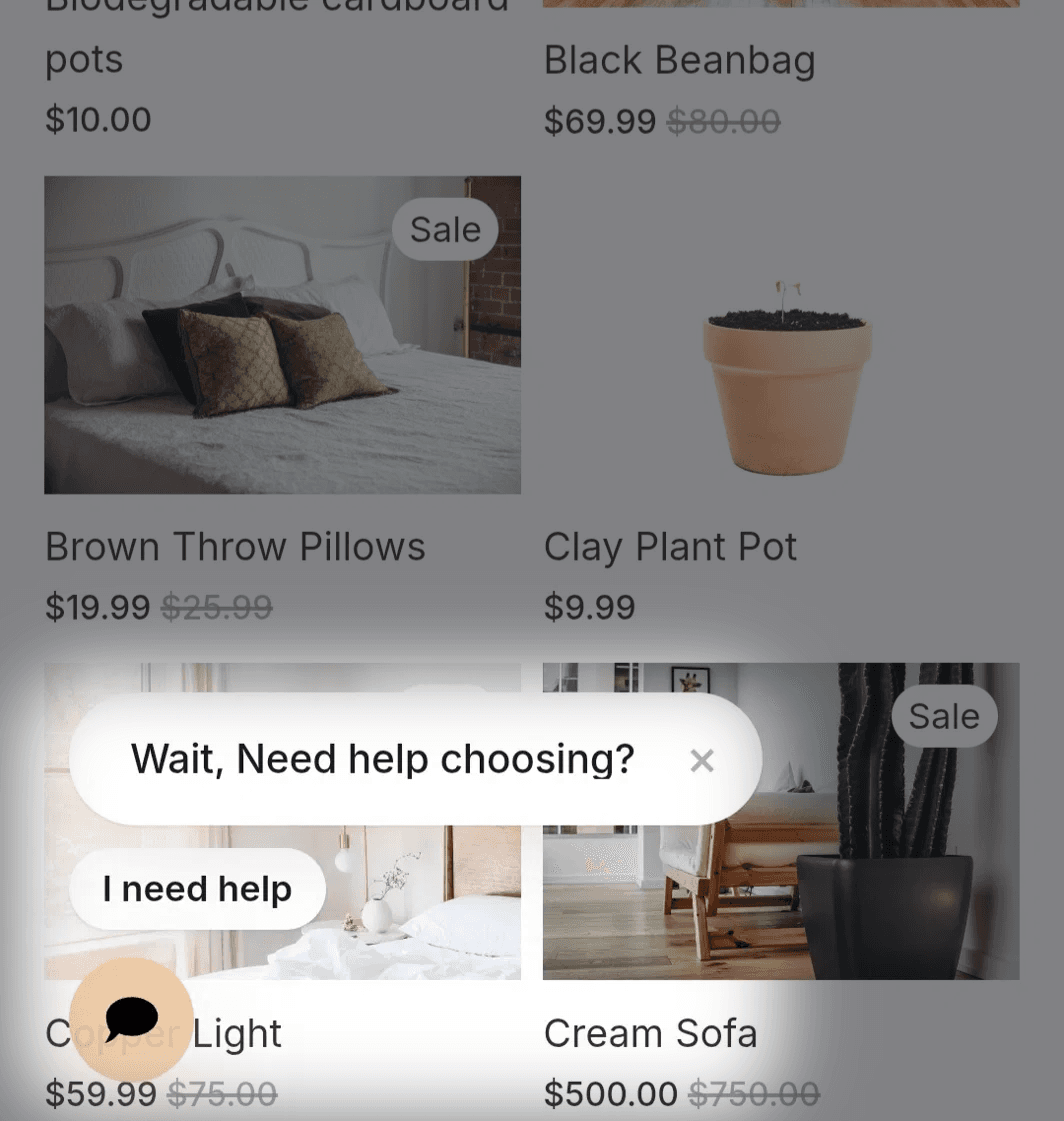 Proactive trigger settings for Shopify AI agent showing customizable general, product, and collection page popups